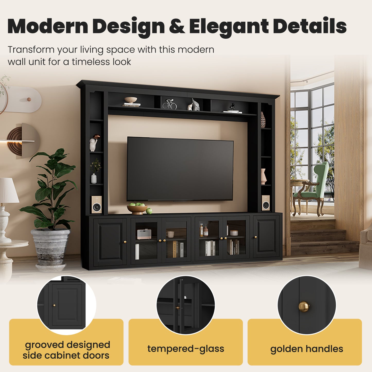 92" Black Entertainment Center TV Wall Unit w/ Bookshelves