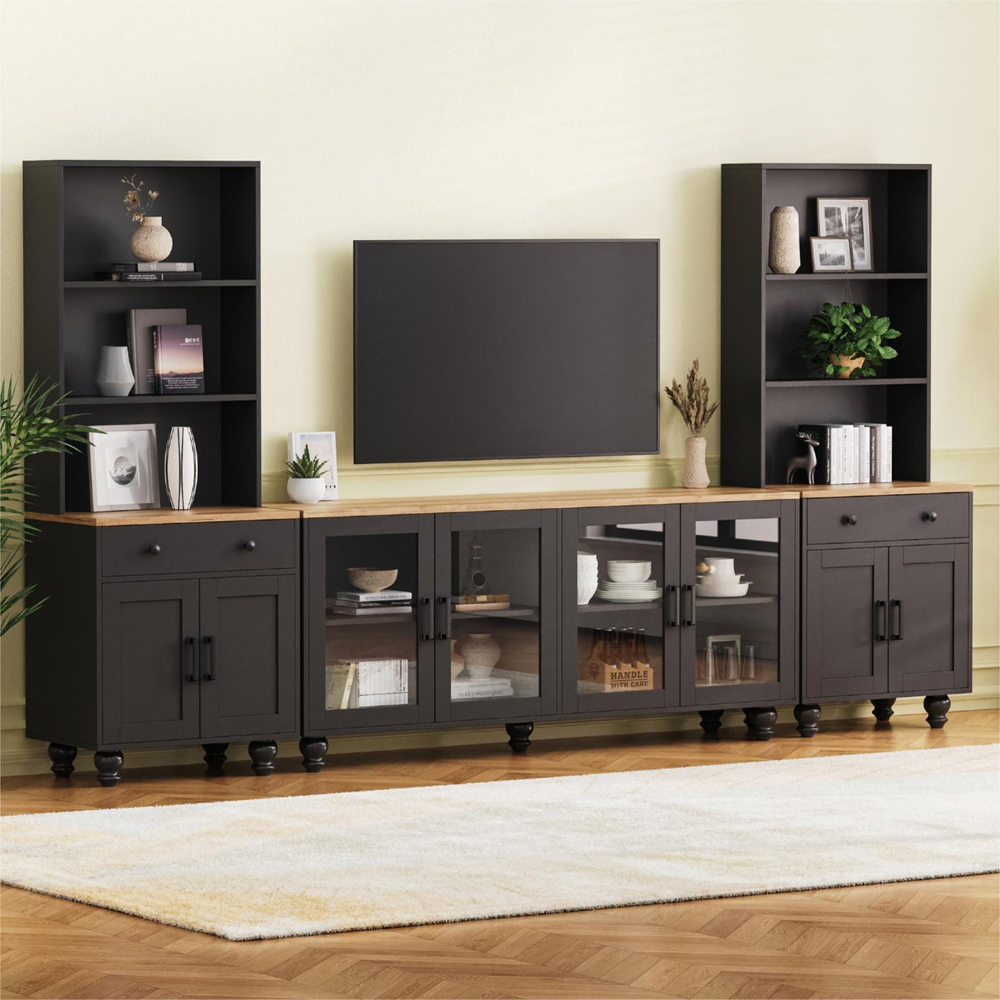 110" Farmhouse TV Stand Entertainment Center w/ Bookshelves Black