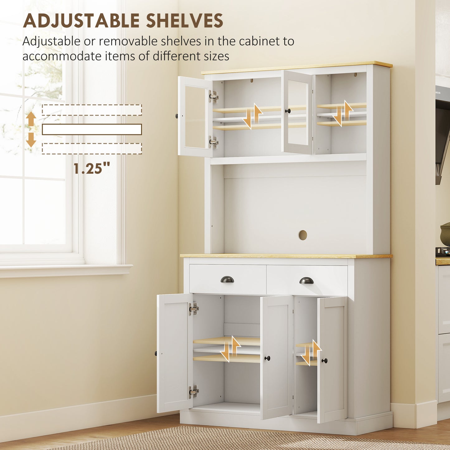 71" Tall White Kitchen Pantry Hutch w/ Countertop & Shelves