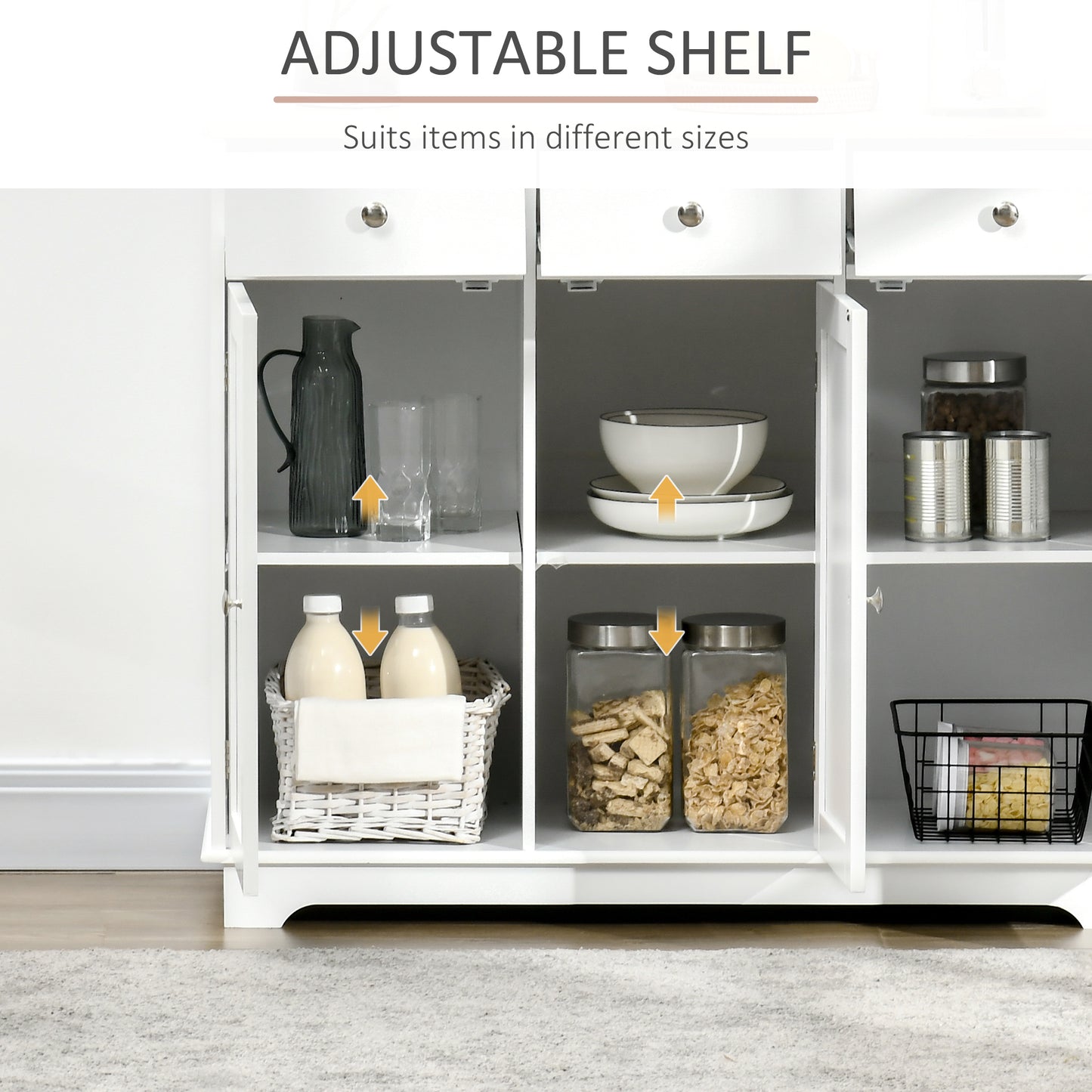White Sideboard Buffet Cabinet w/ Rubberwood Top & Drawers