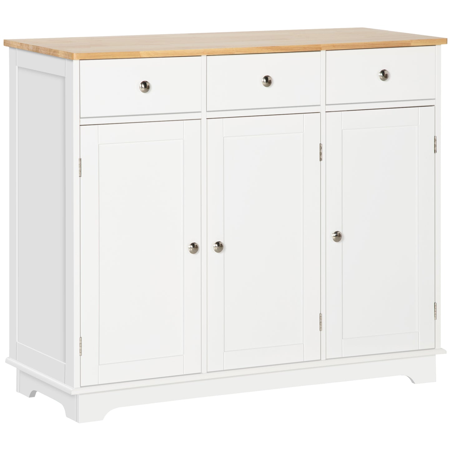 White Sideboard Buffet Cabinet w/ Rubberwood Top & Drawers
