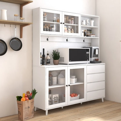63" White Kitchen Hutch Cabinet Pantry w/ Microwave Shelf