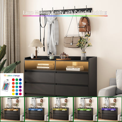 Modern Black Sideboard Cabinet with 6 Drawers & LED Storage Shelf