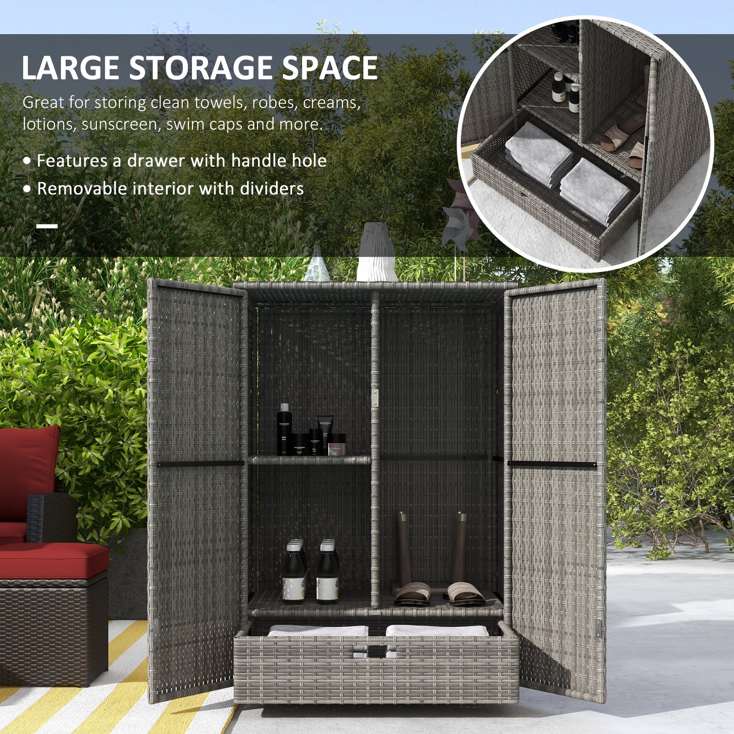 Dark Gray Rattan Pool Towel Cabinet Outdoor Storage