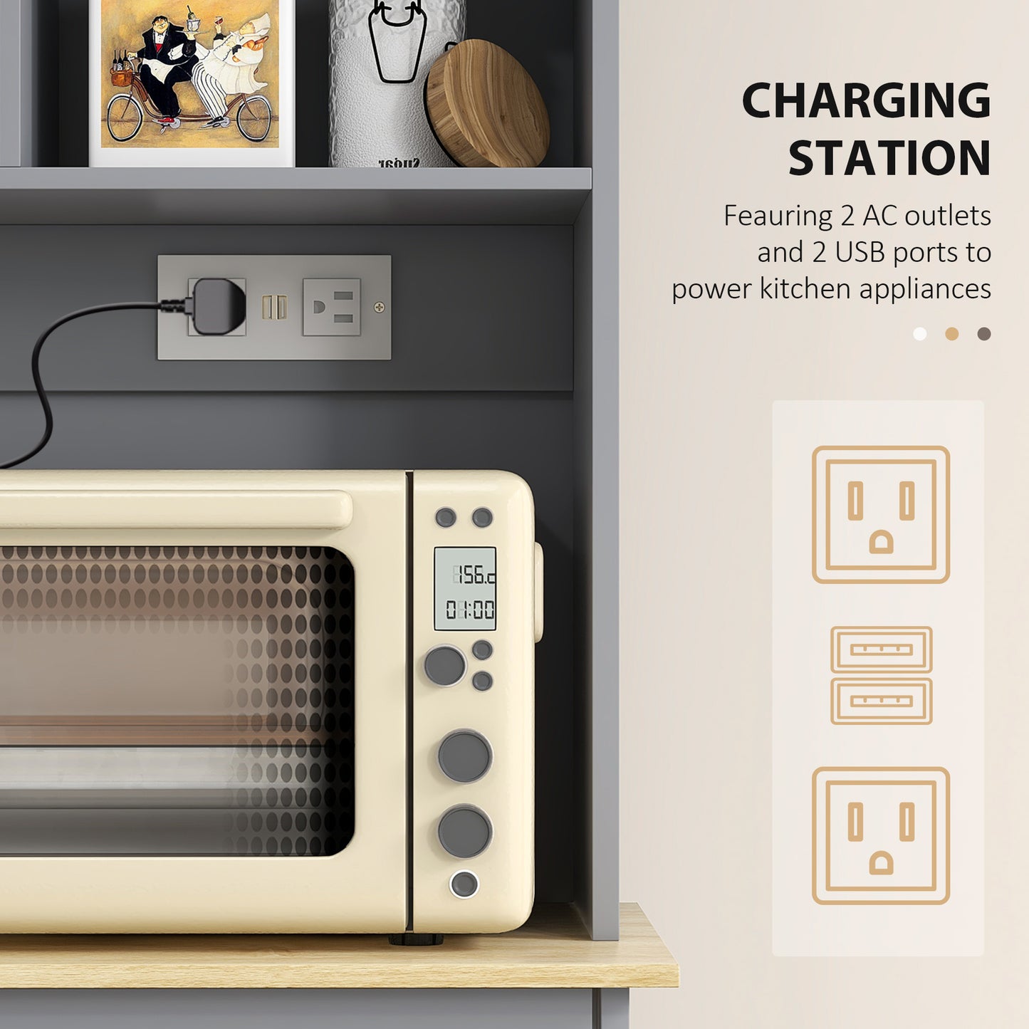 Gray Kitchen Pantry Cabinet with Charging Station & Tilt-Out