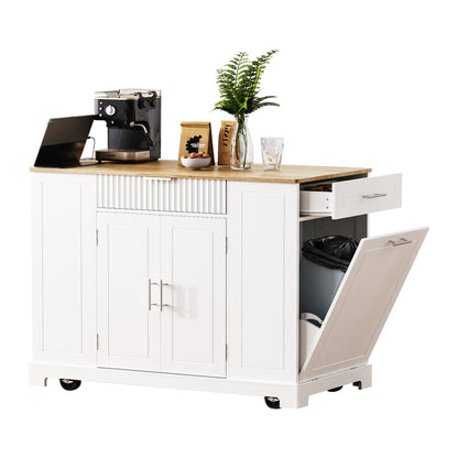 White Rolling Kitchen Island with Trash Can Storage & Power Outlets - 48" Kitchen Cart with 3 Drawers, Open Shelves, Solid Wood Top & 5 Wheels