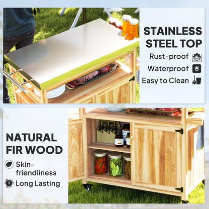 Outdoor Grill Cart Stainless Steel Top Wood Kitchen Island