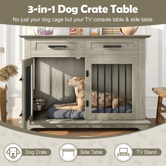 44.48 Large Dog Crate Furniture, Indoor Wooden Dog Kennel End Table With 2 Storage Drawers And Rotating Bowls, Decorative Pet Cage Dog House For Medium Dogs, Gray