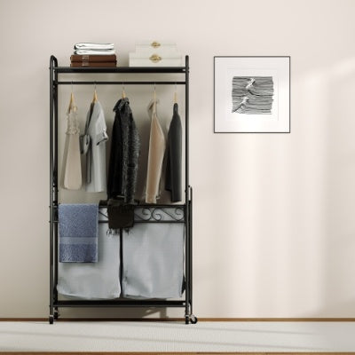 Multi Functional Rolling Laundry Hamper With Hanging Rail And Storage Shelf