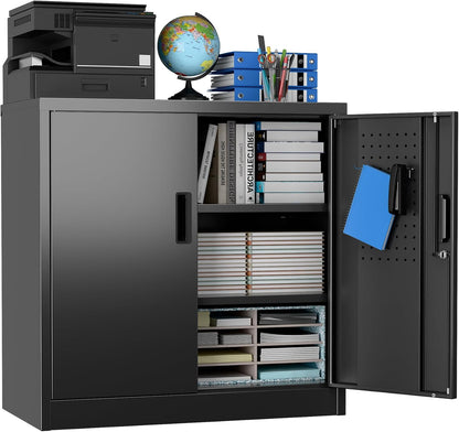 31" Lockable Metal Storage Cabinet w/ Pegboard Black