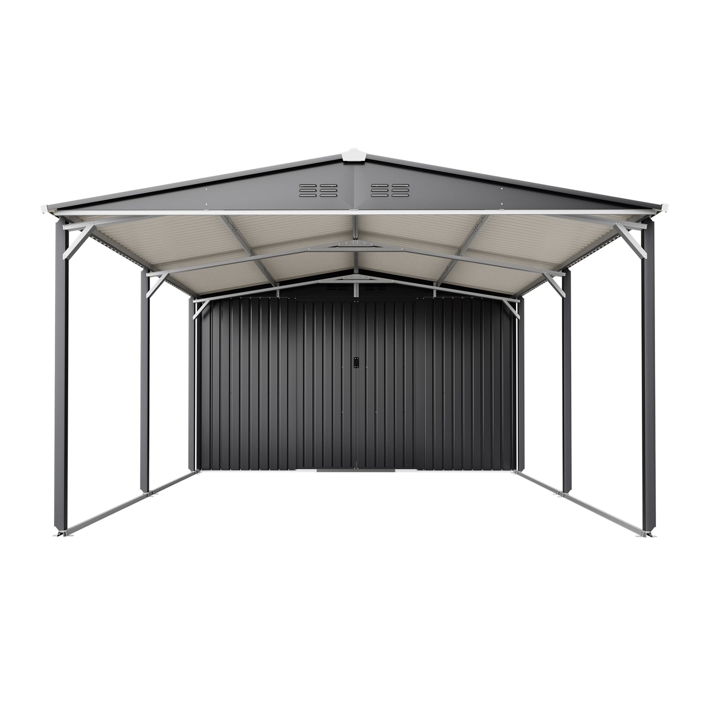 12x23 FT Metal Carport Storage Shed - Heavy Duty Steel Garage with Sliding Door, UV Panel, Waterproof Sloped Roof & Reinforced Structure for Car, Boat, Tractor, Gray