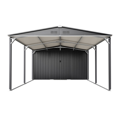 12x23 FT Metal Carport Storage Shed - Heavy Duty Steel Garage with Sliding Door, UV Panel, Waterproof Sloped Roof & Reinforced Structure for Car, Boat, Tractor, Gray