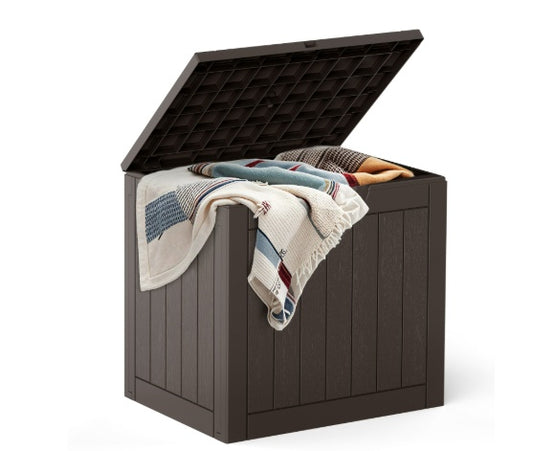 31 Gallon Deck Box - Small Lockable Resin Outdoor Storage Box Waterproof for Patio Cushions, Garden Tools & Package Delivery, Brown/Black