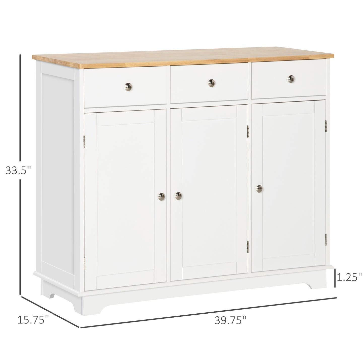 White Sideboard Buffet Cabinet w/ Rubberwood Top & Drawers