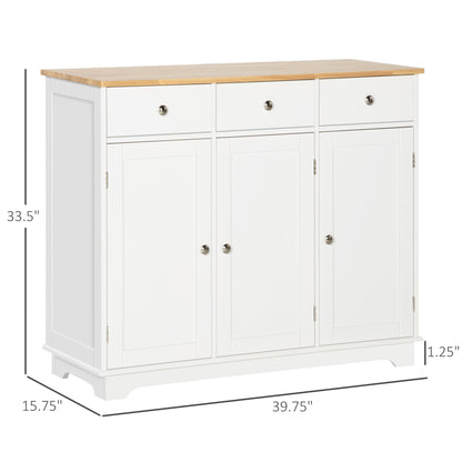 White Sideboard Buffet Cabinet w/ Rubberwood Top & Drawers
