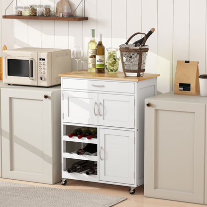 White Rolling Kitchen Cart Island w/ Wine Rack & Drawer