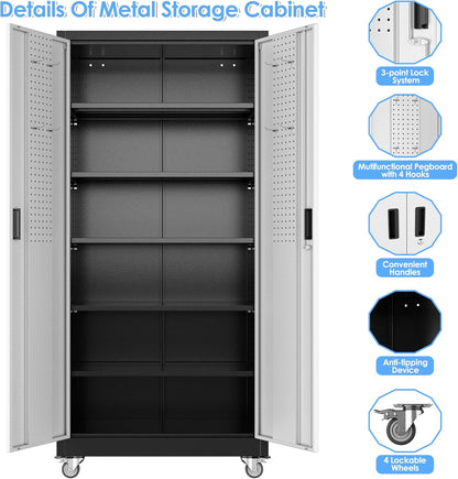 71" Garage Storage Cabinet w/ Wheels Pegboard 5 Shelves