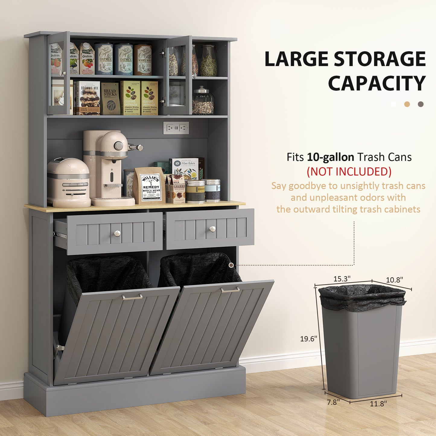 Gray Kitchen Pantry Cabinet with Charging Station & Tilt-Out
