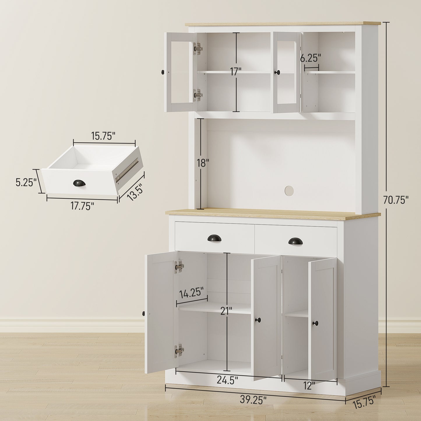 71" Tall White Kitchen Pantry Hutch w/ Countertop & Shelves
