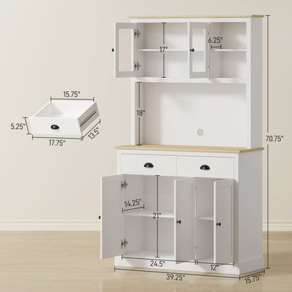 71" Tall White Kitchen Pantry Hutch w/ Countertop & Shelves