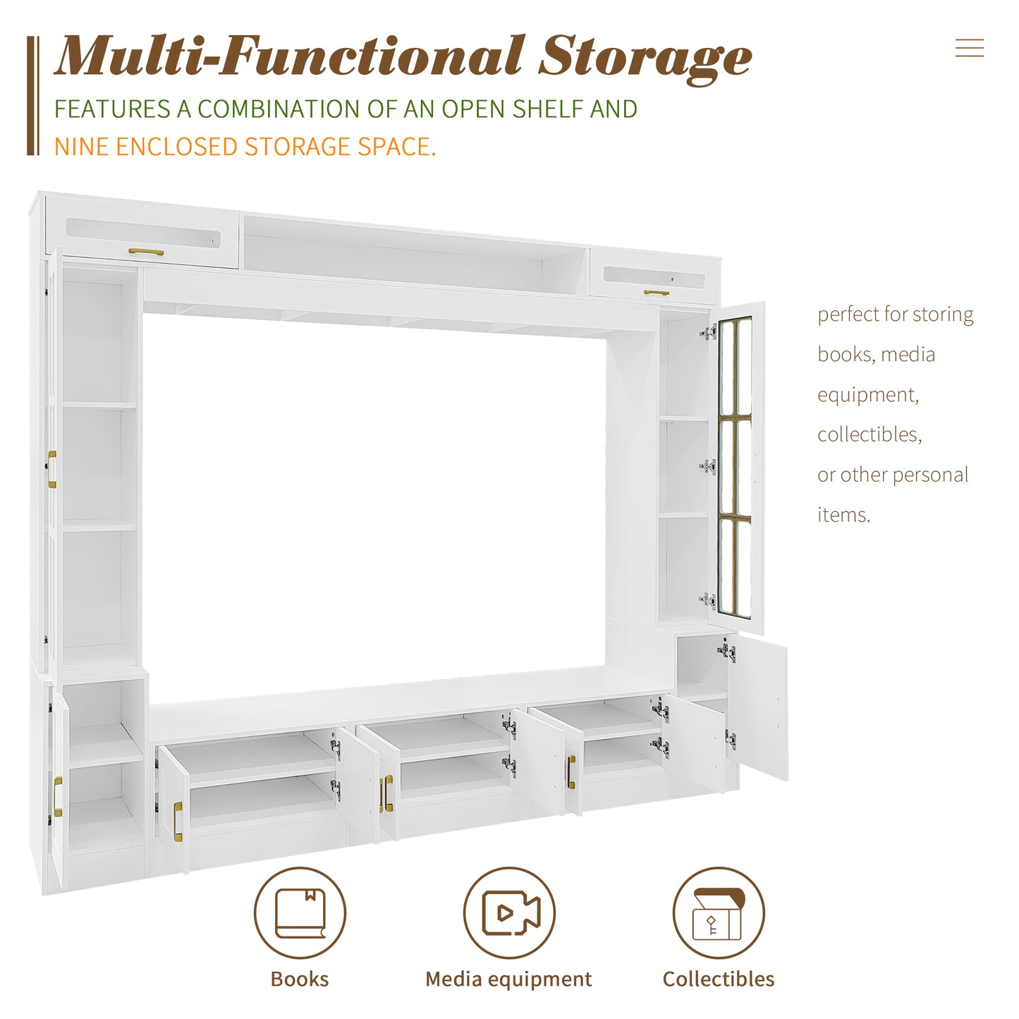 98" White Entertainment Center TV Wall Unit w/ Bookshelves