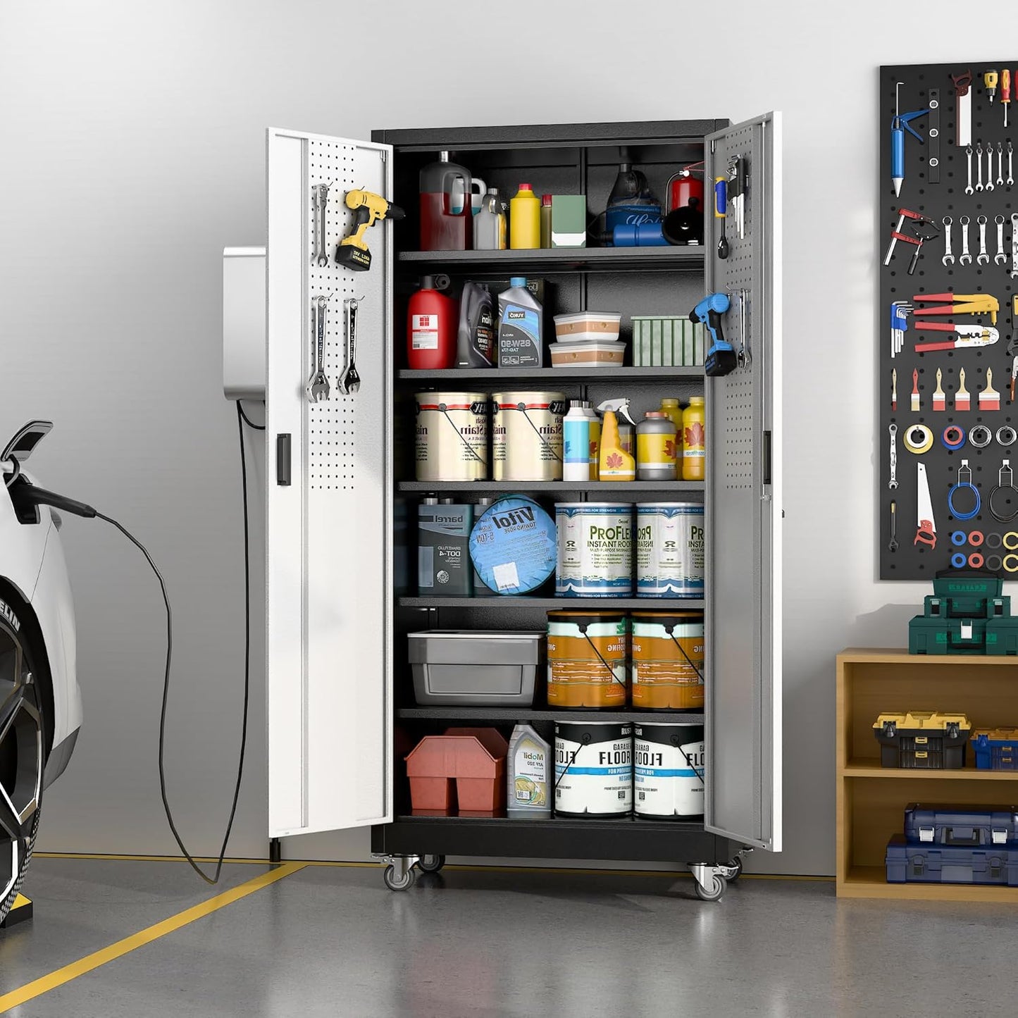 71" Garage Storage Cabinet w/ Wheels Pegboard 5 Shelves