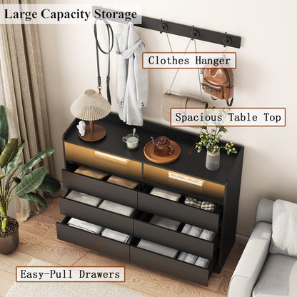 Modern Black Sideboard Cabinet with 6 Drawers & LED Storage Shelf