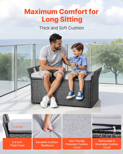 Outdoor Storage Bench with Cushion - 40 Gallon Gray PE Rattan Deck Box Patio Seat Waterproof for Cushions Pool Supplies Garden Tools