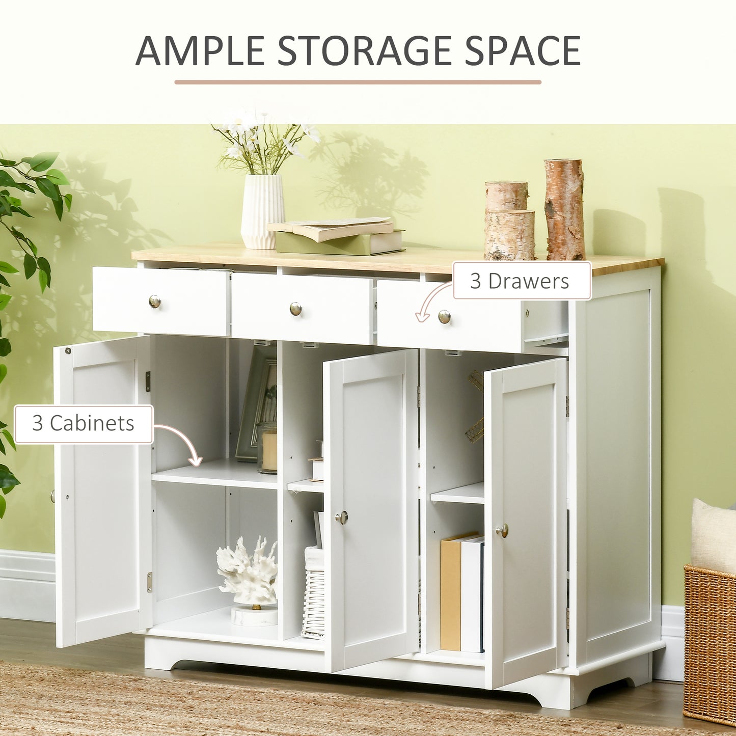 White Sideboard Buffet Cabinet w/ Rubberwood Top & Drawers