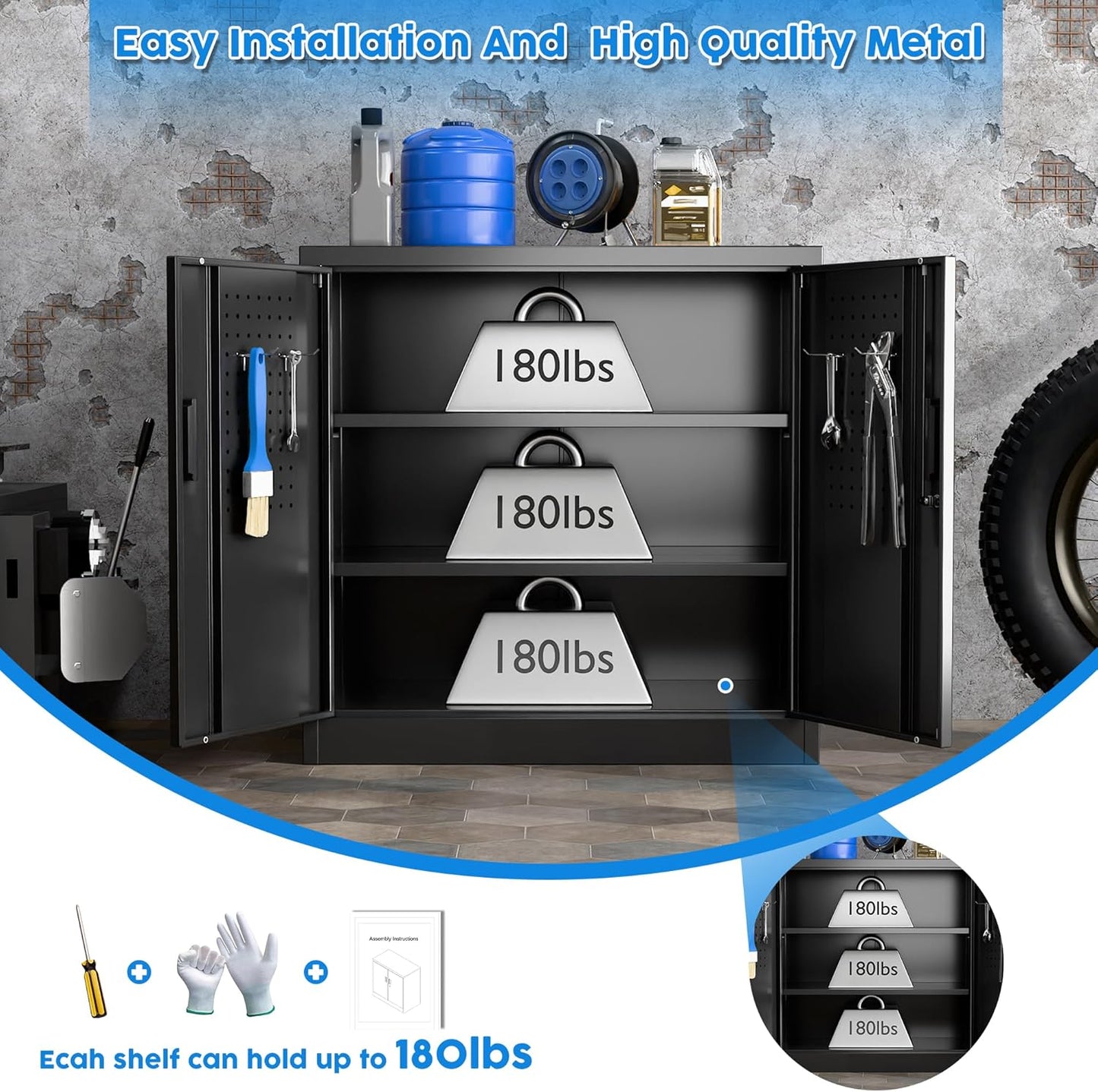 31" Lockable Metal Storage Cabinet w/ Pegboard Black