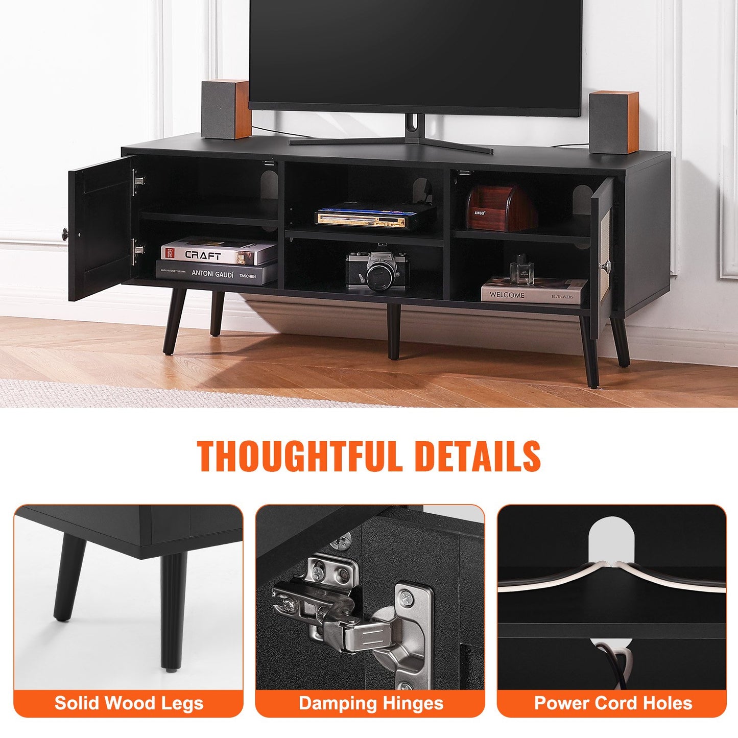 Rattan TV Stand for 55" TV Boho Mid-Century Black Console
