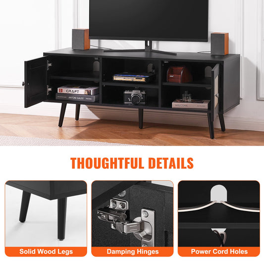 Rattan TV Stand for 55" TV Boho Mid-Century Black Console