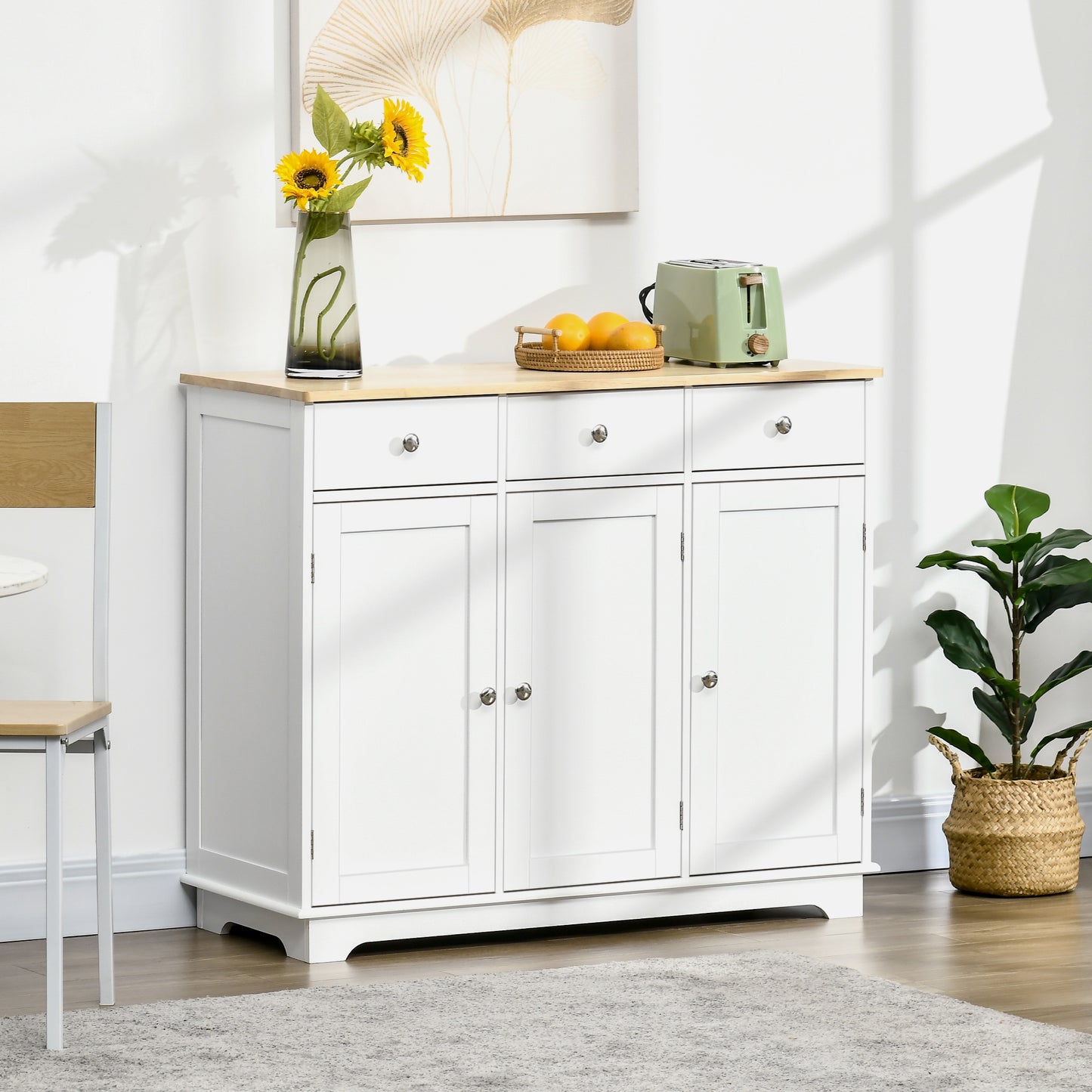 White Sideboard Buffet Cabinet w/ Rubberwood Top & Drawers