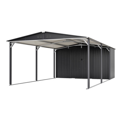 12x23 FT Metal Carport Storage Shed - Heavy Duty Steel Garage with Sliding Door, UV Panel, Waterproof Sloped Roof & Reinforced Structure for Car, Boat, Tractor, Gray