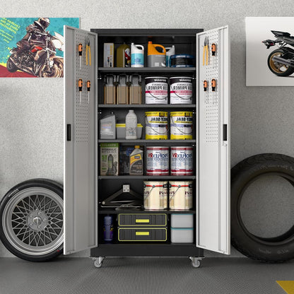 71" Garage Storage Cabinet w/ Wheels Pegboard 5 Shelves