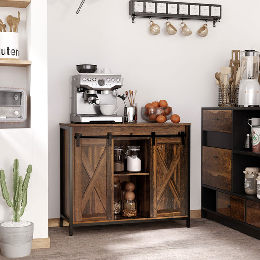 Rustic Brown Sliding Barn Door Buffet Cabinet Sideboard
