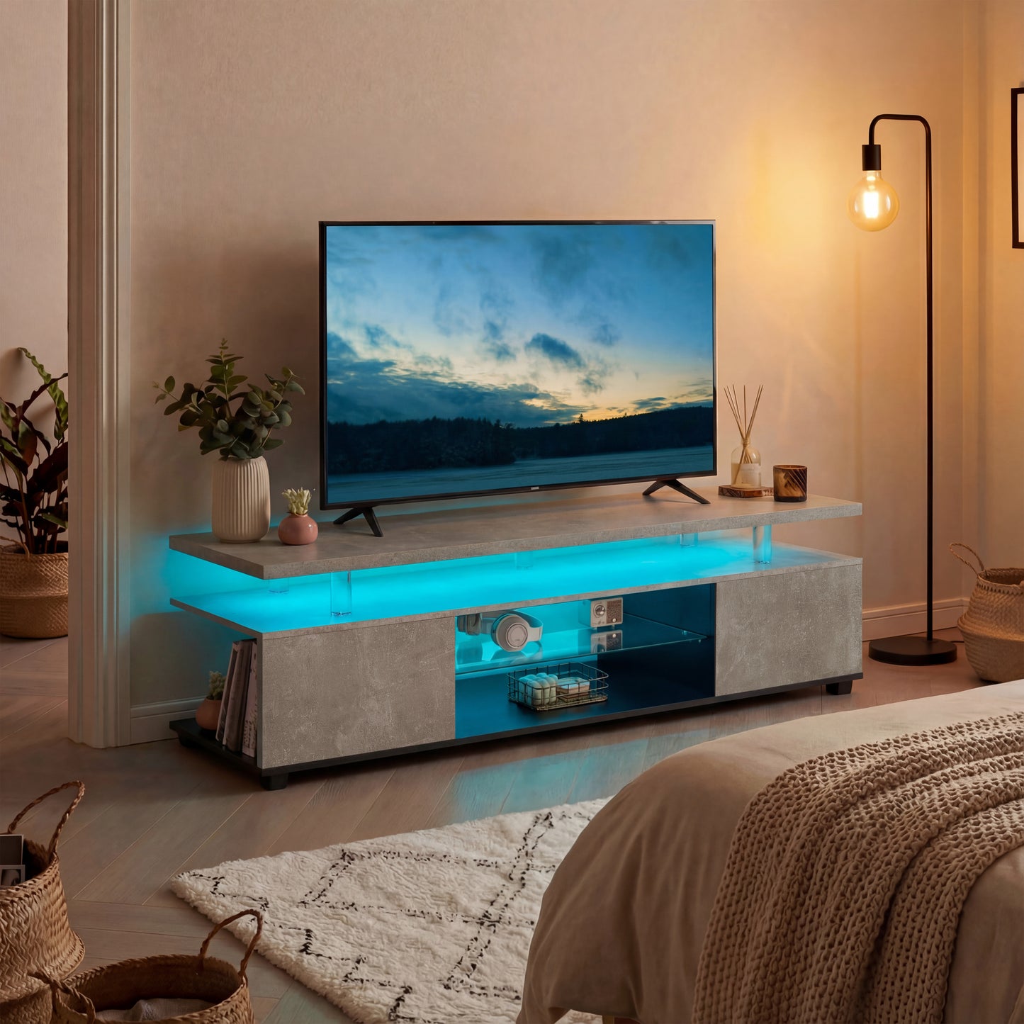 70" LED Gaming TV Stand Entertainment Center Gray Console