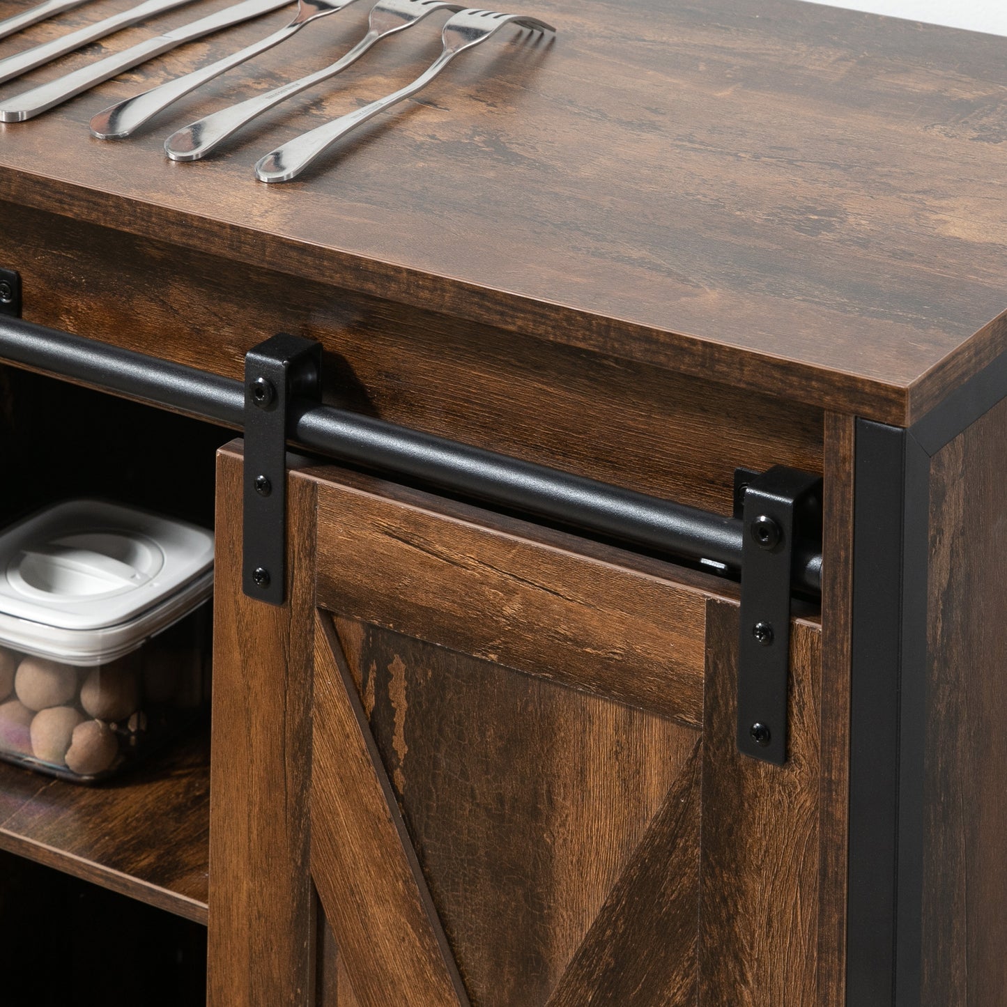 Rustic Brown Sliding Barn Door Buffet Cabinet Sideboard