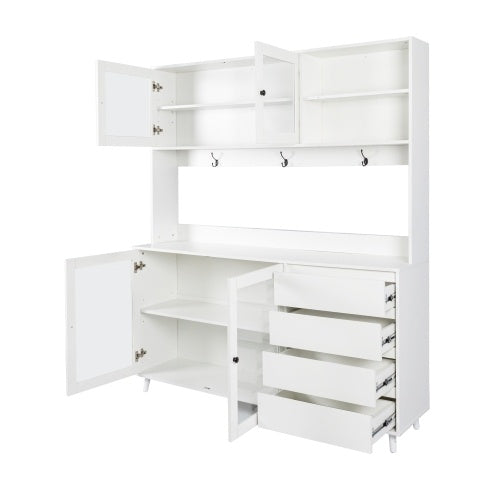 63" White Kitchen Hutch Cabinet Pantry w/ Microwave Shelf