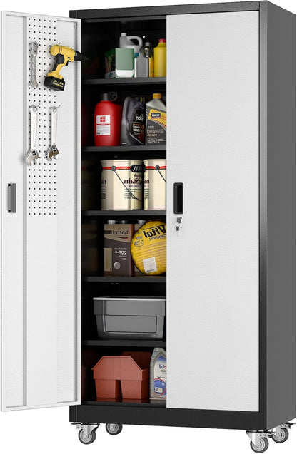 71" Garage Storage Cabinet w/ Wheels Pegboard 5 Shelves
