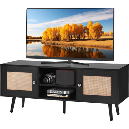 Rattan TV Stand for 55" TV Boho Mid-Century Black Console