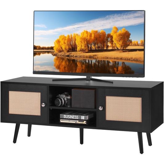 Rattan TV Stand for 55" TV Boho Mid-Century Black Console