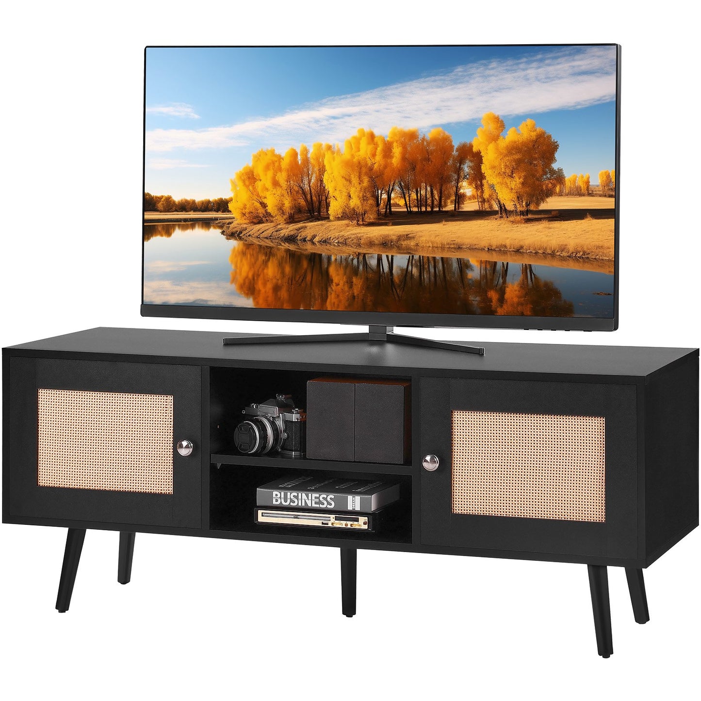 Rattan TV Stand for 55" TV Boho Mid-Century Black Console