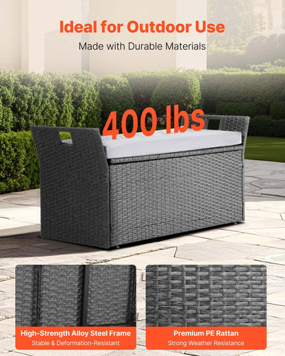Outdoor Storage Bench with Cushion - 40 Gallon Gray PE Rattan Deck Box Patio Seat Waterproof for Cushions Pool Supplies Garden Tools