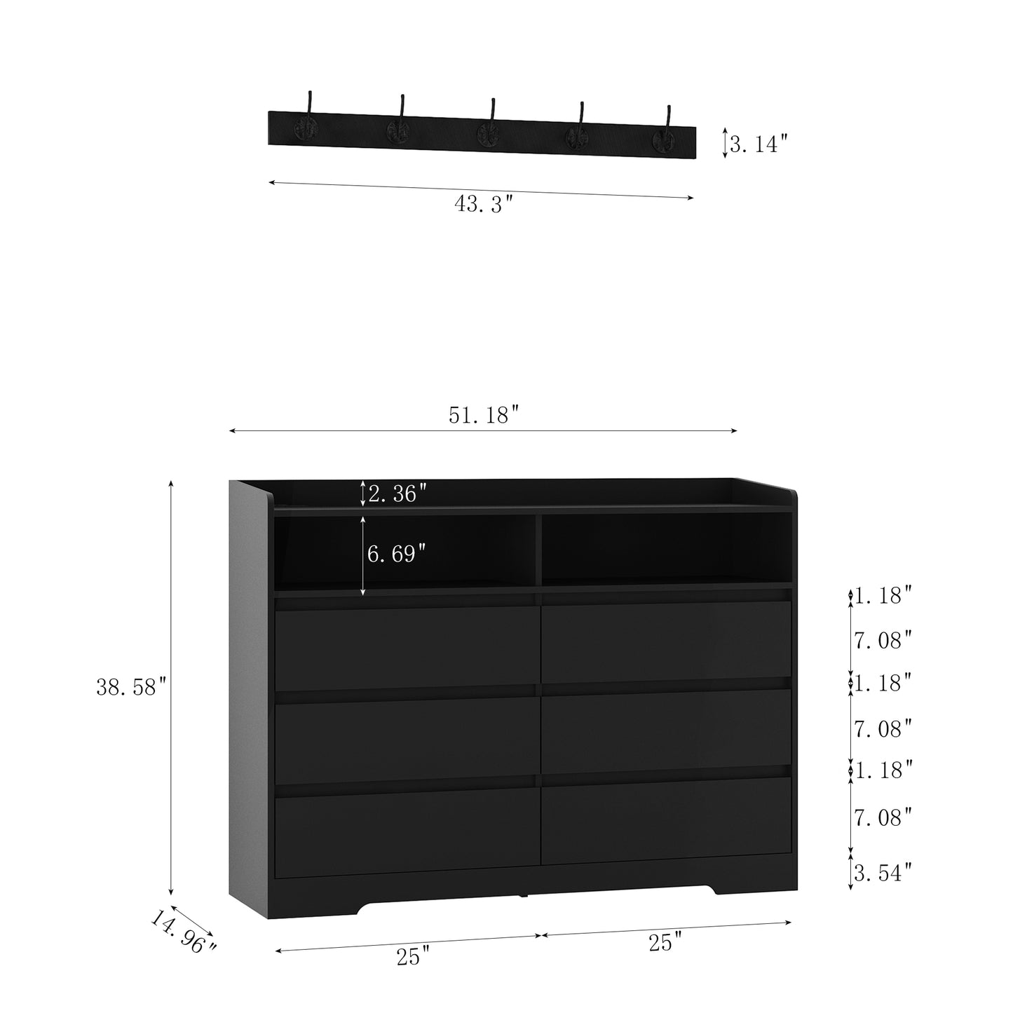Modern Black Sideboard Cabinet with 6 Drawers & LED Storage Shelf