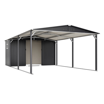 12x23 FT Metal Carport Storage Shed - Heavy Duty Steel Garage with Sliding Door, UV Panel, Waterproof Sloped Roof & Reinforced Structure for Car, Boat, Tractor, Gray