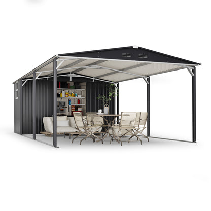 12x23 FT Metal Carport Storage Shed - Heavy Duty Steel Garage with Sliding Door, UV Panel, Waterproof Sloped Roof & Reinforced Structure for Car, Boat, Tractor, Gray