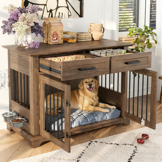 44.48 Large Dog Crate Furniture, Indoor Wooden Dog Kennel End Table With 2 Storage Drawers And Rotating Bowls, Decorative Pet Cage Dog House For Medium Dogs,Brown