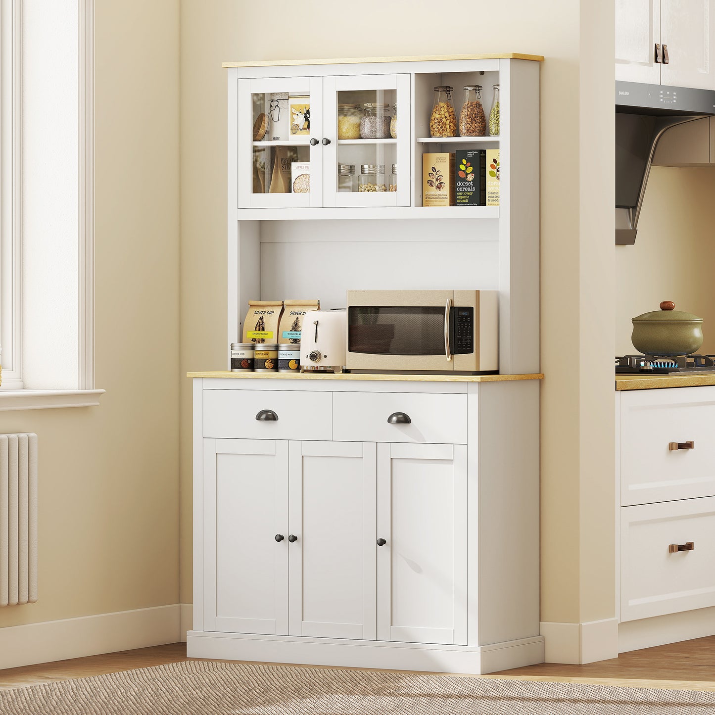 71" Tall White Kitchen Pantry Hutch w/ Countertop & Shelves