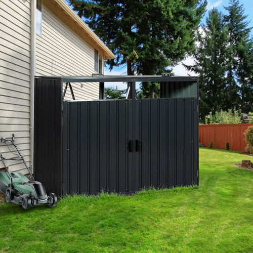 Metal Garbage Bin Shed for 2 Trash Cans - Charcoal Galvanized Steel Outdoor Trash Can Enclosure Storage Shed for Garden Yard Lawn